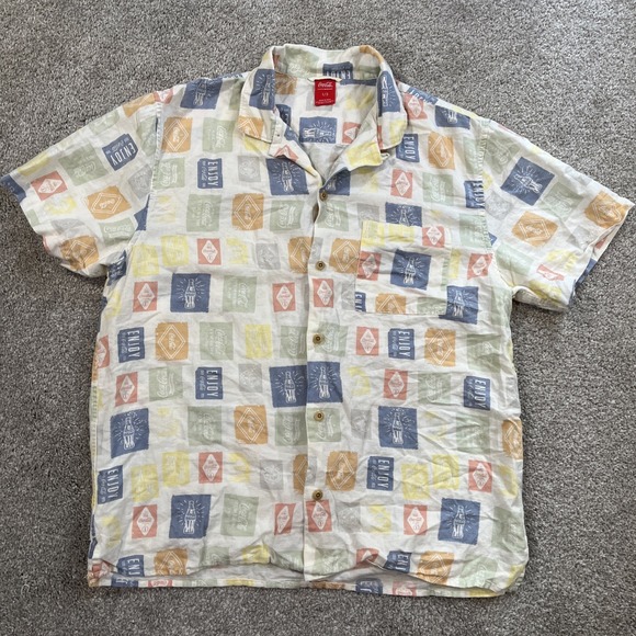 Lucky Brand Other - Lucky Brand Coca-Cola Shirt L Linen Button Front Short Sleeve Logo Print Allover